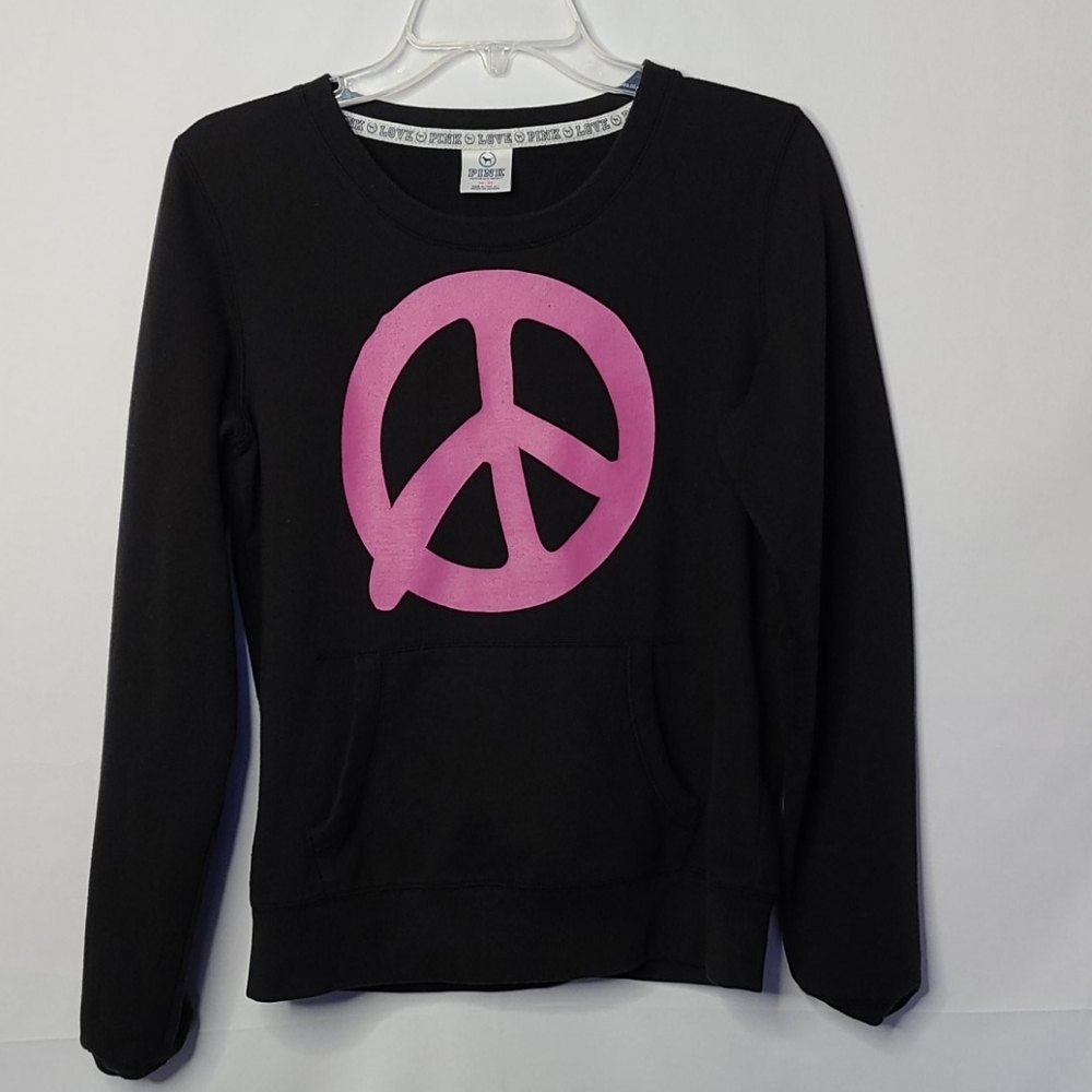 Victoria Secret Pink peace sign pullover black pink sweatshirt sz Medium